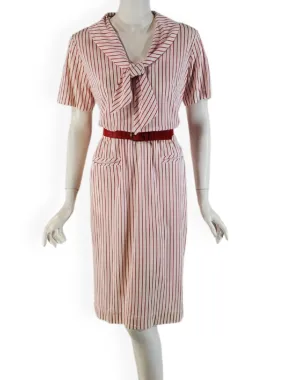 60s Does 20s Red Stripes Shift Dress With Tie Collar - med, lg