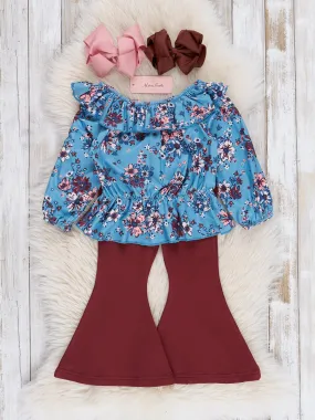 Blue & Maroon Garden Ruffle Bell Bottoms Outfit