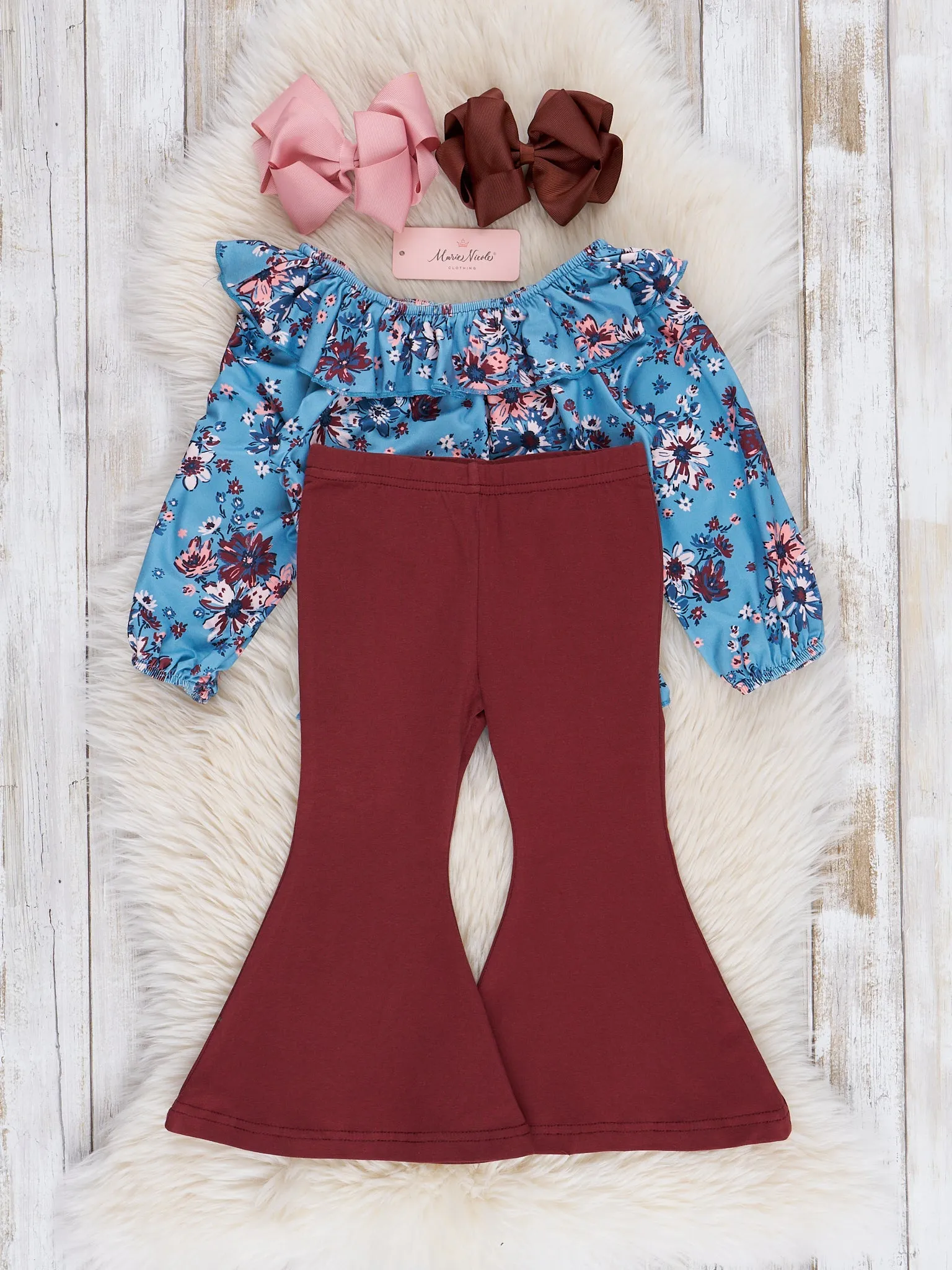 Blue & Maroon Garden Ruffle Bell Bottoms Outfit