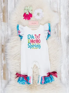 Blue & White Floral Spring Greetings Ruffle Romper