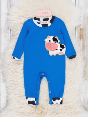 Blue Chenille Cow Romper