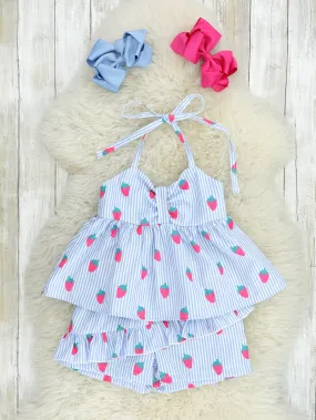 Blue Pinstripe Strawberry Ruffle Outfit