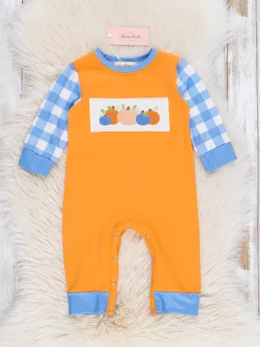 Blue Plaid & Pumpkin Smocked Romper