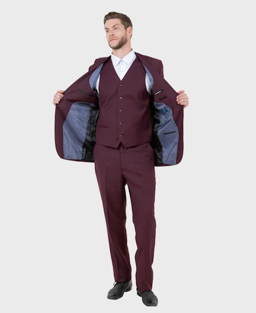 Burgundy Wool Modern Fit 3 Piece Suit