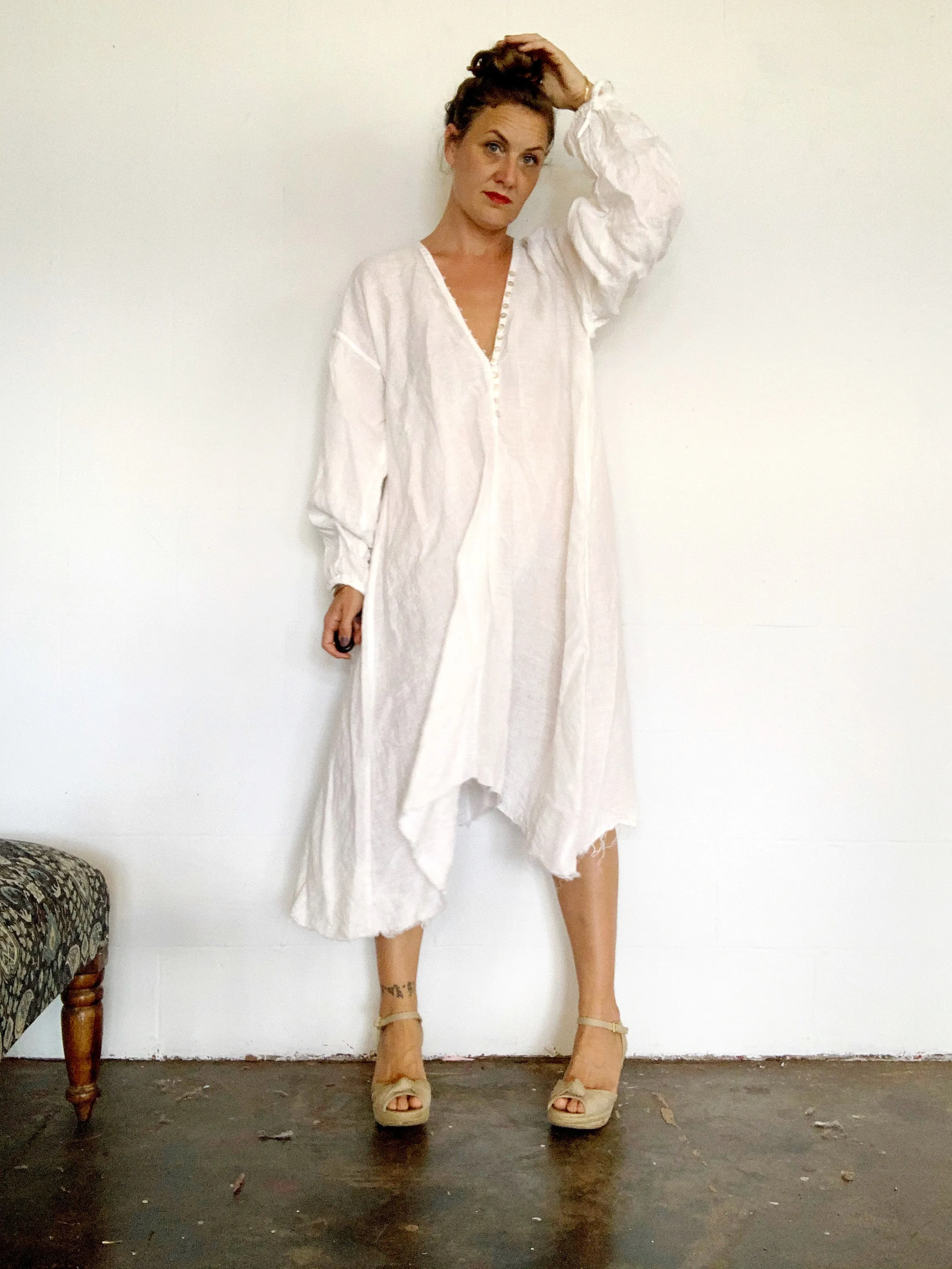 Button up linen trapeze dress