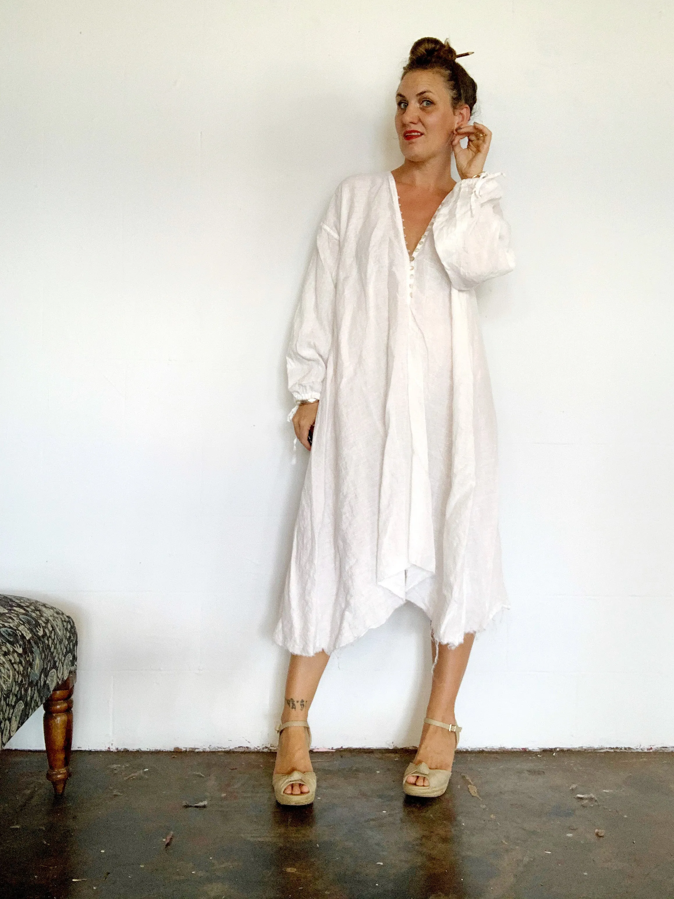 Button up linen trapeze dress