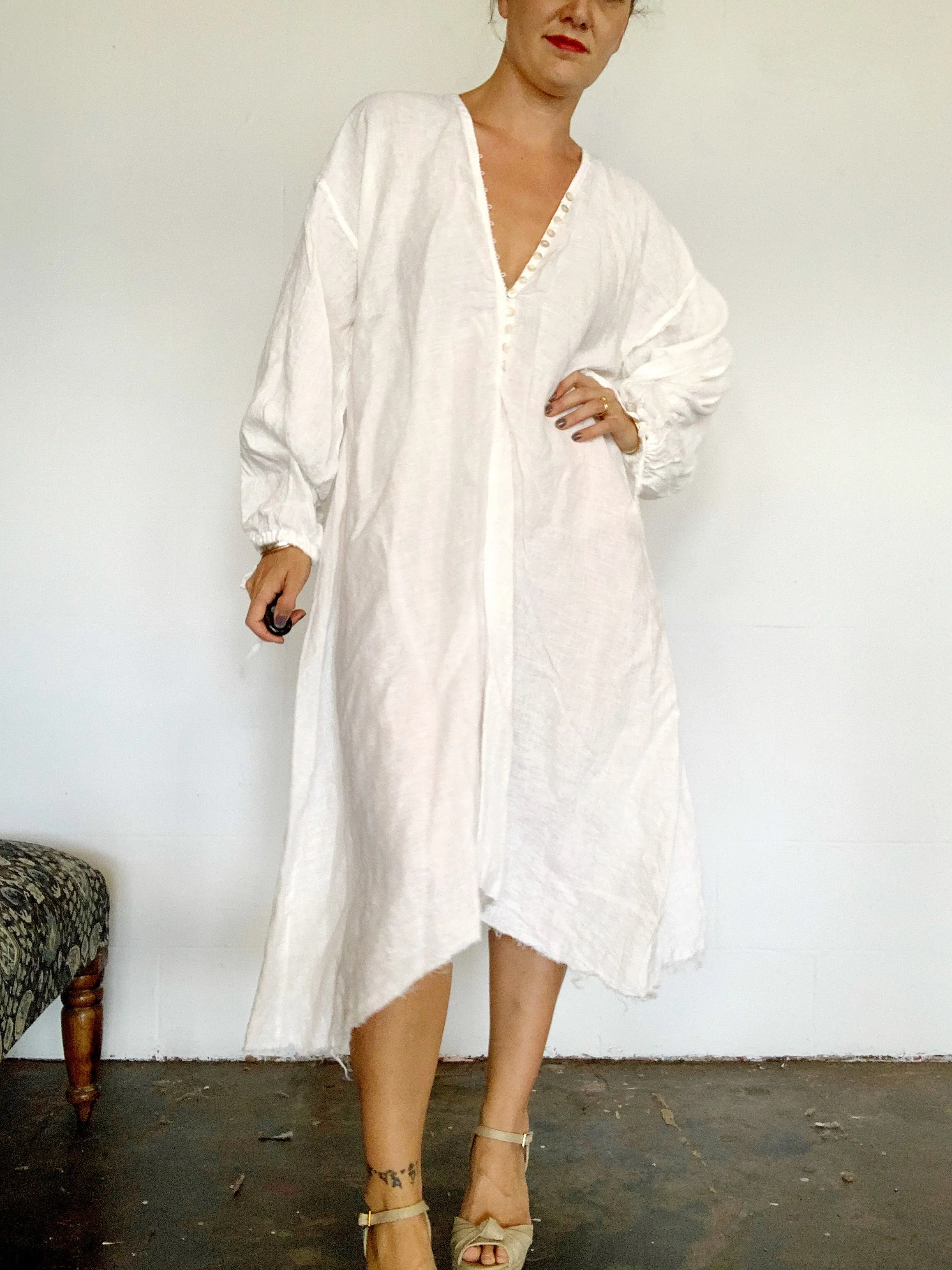 Button up linen trapeze dress