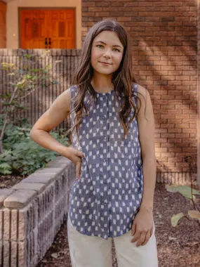 Eleni Sleeveless Tunic Top - Blue Ikat