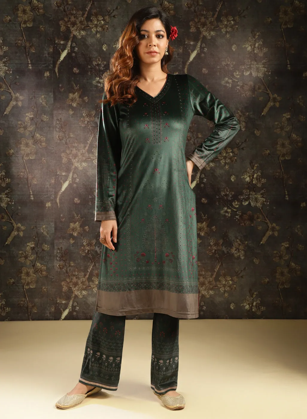 Emerald Green Printed Velvet Kurta Set with Swarovski Work