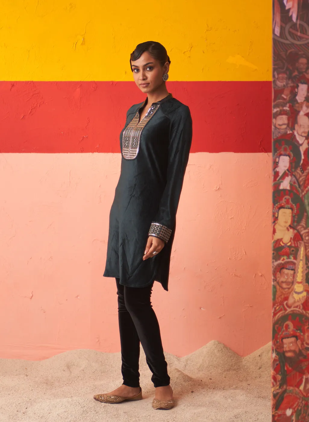 Essex Green Woollen Kurta for Women with Leather Collar and Sequin Work