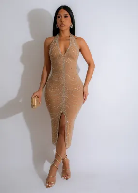 Gatsby Glamour Mesh Rhinestones Midi Dress Nude