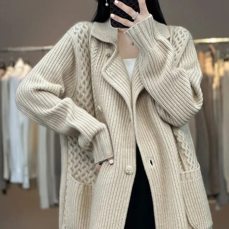 Getadme Casual Knitted Cardigan Oversize Single Breasted Sweaters Korean Woman Knitwear Tops Thick Coat Elegant Suit Collar Sweater Coat