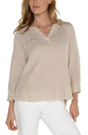 Liverpool 3/4 Sleeve Raglan Top with Pleats and Fray Hem Shirt (Beige)