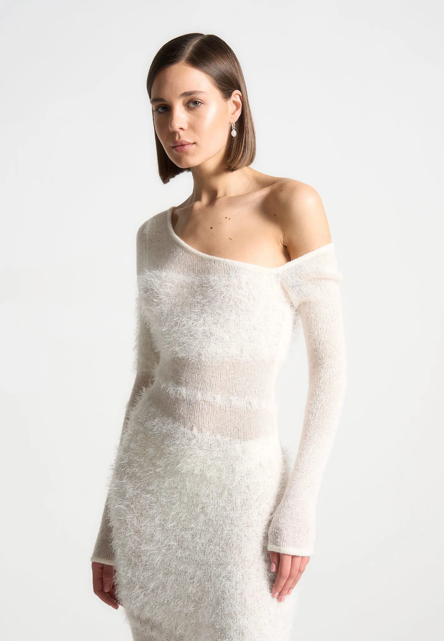 Off Shoulder Knitted Maxi Dress - Off White