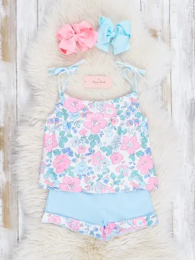 Pink & Blue Gingham Floral Bloomers Outfit