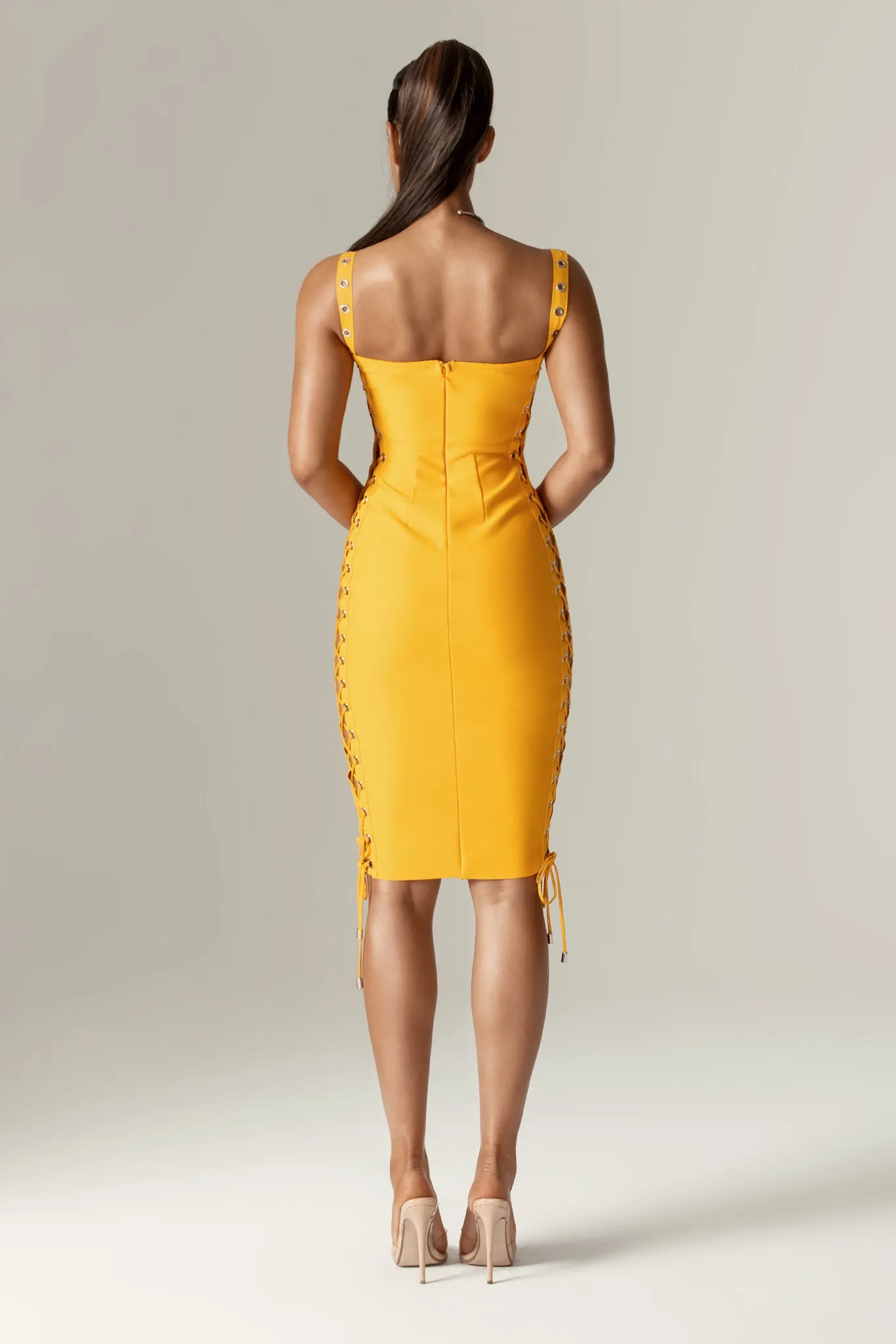 Rebecca Bandage Lace Up Midi Dress (Sun Orange)