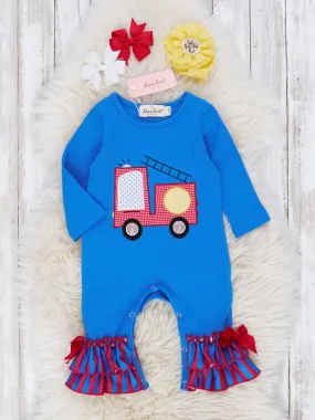 Red & Blue Stripe Firetruck Ruffle Romper