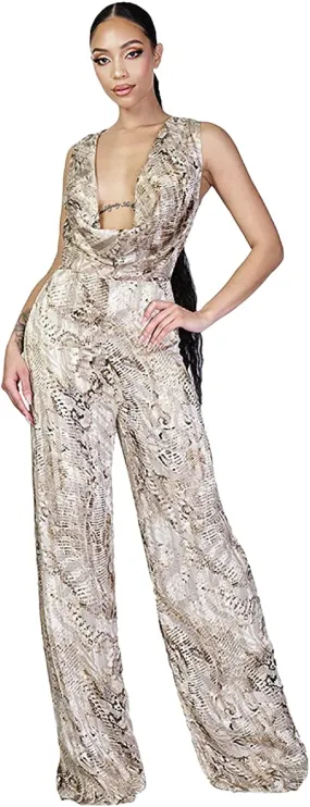 Rehab Lab Women's Snake Printed Plunging V-Neck Jumpsuit