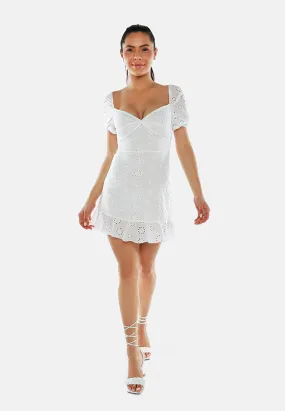 White Schiffli Sweetheart Short Dress