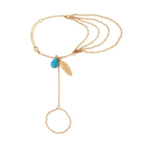 Yellow Chimes Hand Chain For Women Multilayer Gold Plated Blue Stone Feather Charm Hanging Hand Chain For Women and Girls